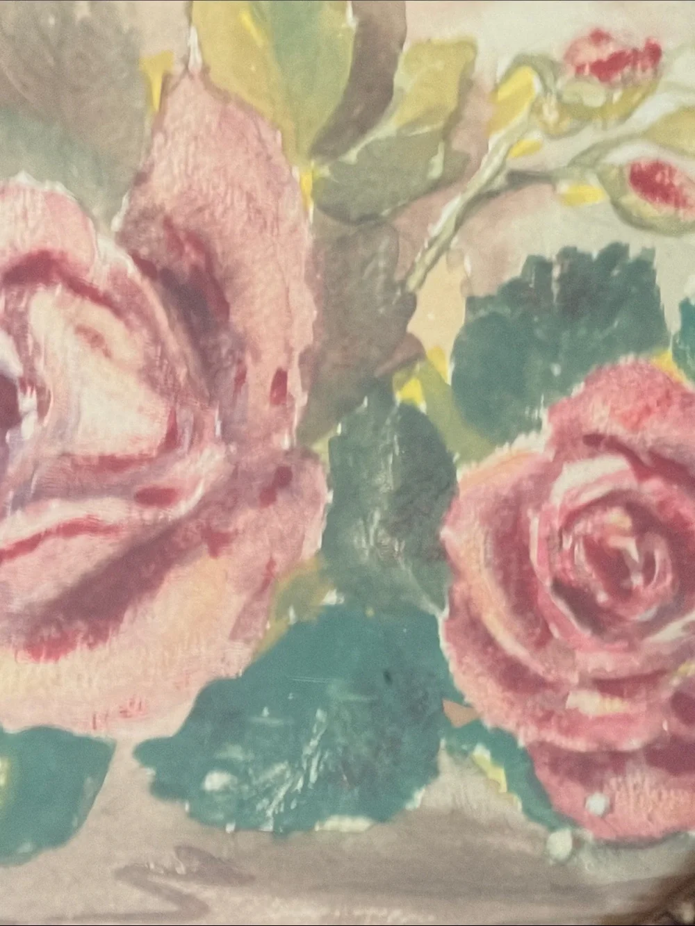 Vintage Floral Rose oil painting with ornate carved wood , signed